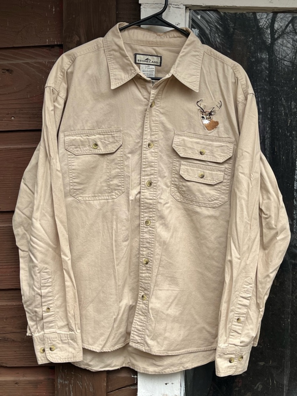 Stonecast Tan Button-Up Shirt with Embroidered Deer